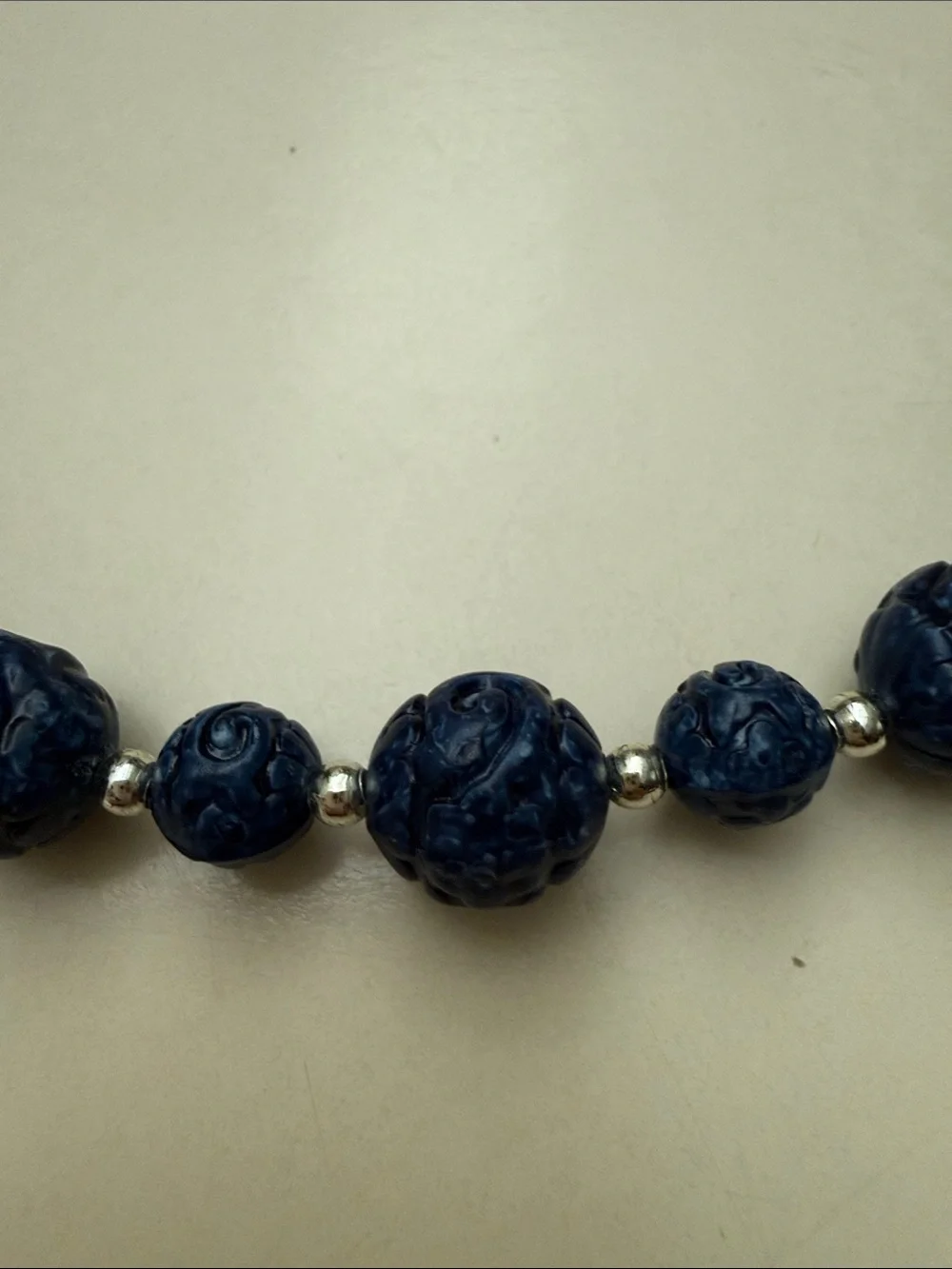 Vintage Simulated Carved Lapis Shou Longevity Bead Necklace